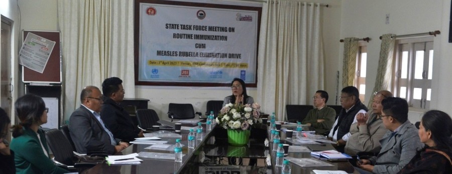 Secretary, Health & Family Welfare, Asangla Imti, NCS addressing the meeting held at IDSP Hall, DoHFW at April 3. (DIPR Photo)